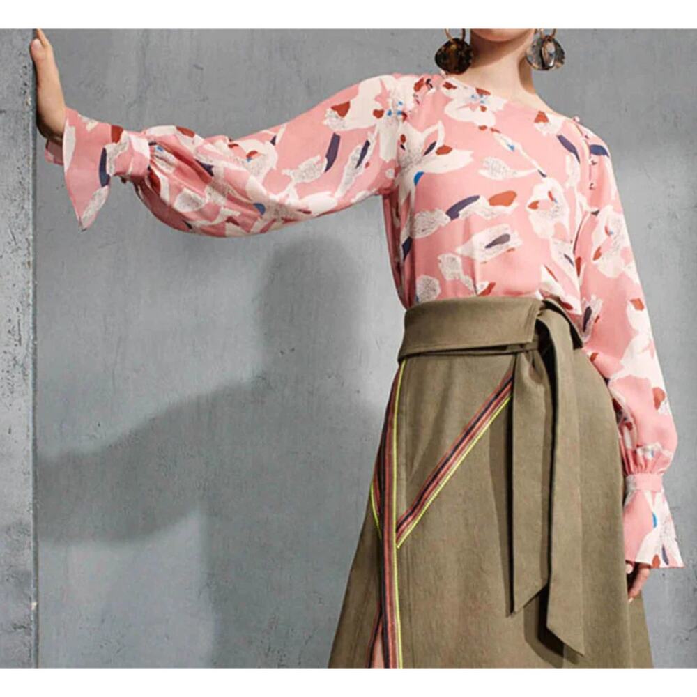 Tanya Taylor Silk Floral Hand-Painted Pink Boat Neck Bell Cuff Top 4